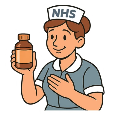 A nurse wearing a nurses hat with the letters NHS written on the hat.  The nurse looks caring and is holding a medicine bottle sticker