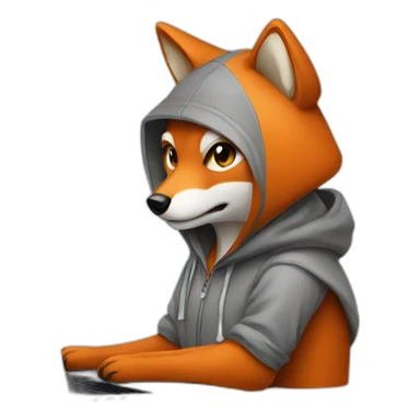 fox with hoodie and a macbook sticker