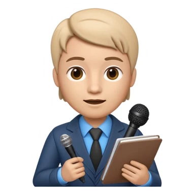 Apple Memoji-style 3D emoji of a journalist holding a microphone and notepad, smooth gradients, rounded shapes, no background. sticker