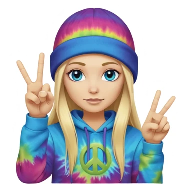 White woman with long blonde straight hair and blue eyes with long eyelashes and tiedye hoodie. i would like for her to be doing a peace sign with one hand and a thumbs up with the other hand. i want her to be wearing a black beanie with an alien face on it sticker