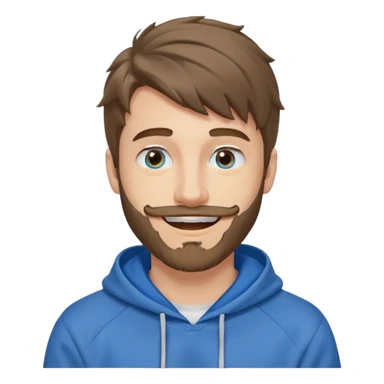 25 year old man, short scruffy beard and thin moustache, brown puffy mullet, blue eyes, big smile, white teeth, big lips, pronounced jaw, hair longer in back, sticking up on top, thin face, grey hooded sweatshirt, pale skin, big smile, blue eyes sticker