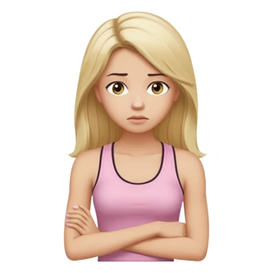 Create a young woman with long blonde hair, golden eyes, and medium-light skin tone, wearing a light pink tank top and leggings. She should be in portrait mode, but with a subtle doubting facial expression—slightly raised eyebrow, small frown, .  and her hand next to her chin like a thinker sticker