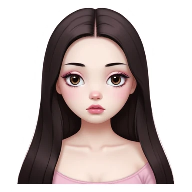 girl with white skin, dark brown long realistic straight hair with middle part prominently falling in front of her body over her shoulders, very big pouty extra shiny lips with absolutely no cupid's bow, big round shiny eyes with black eyeballs and huge eyelashes, no eyeshadow, pink blush on cheeks, lighter button nose, extremely long oval-shaped face, wearing a pink off-shoulder top, looking directly at camera with hands down at sides sticker