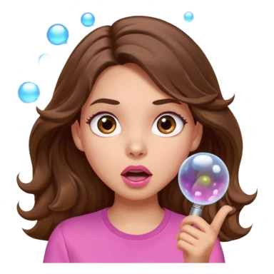 girl with long wavy brown hair, brown eyes, light to medium complexion, in a pink shirt, pink lips, long lashes, surprised, wow bubble sticker