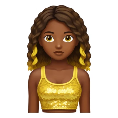 Sasha from Bratz with long light dark brown hair, dark skin, hazel eyes, yellow sequin crop top sticker