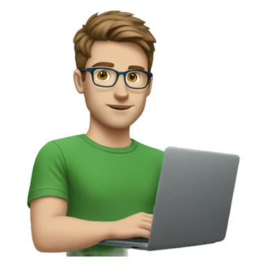 white young man with blue eyes and brown hair and square glasses wearing green t-shirt with laptop sticker