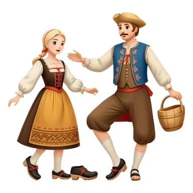 Cinematic Realistic scene of two performers executing the Klompendans, dressed in traditional Dutch costumes complete with wooden clogs and detailed folk patterns, captured in lively motion with soft, natural lighting sticker