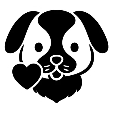 Transform this image into a clean, modern logo of a stylized dog holding a heart in its mouth. Use minimal lines and bold shapes suitable for branding. No background, transparent. sticker