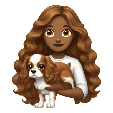 tan girl with long wavy brown hair, holding a brown and white cavalier King Charles spaniel dog sticker
