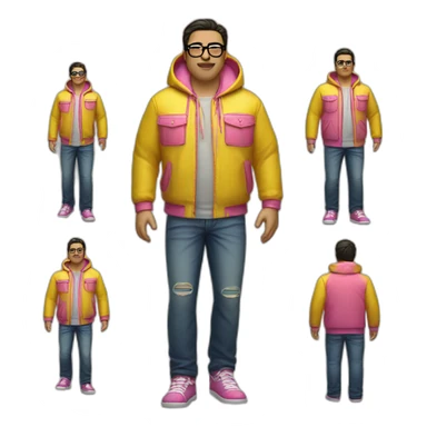 fat man with dark hair,a vibrant long yellow jacket, pink glasses, short jeans shorts. Show full lenght peson sticker