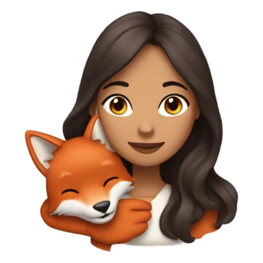 a woman with long wavy dark brown hair hugging a fox sticker