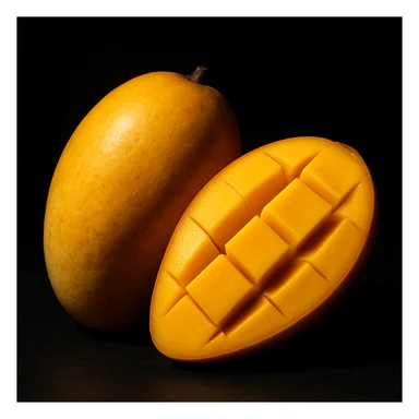 A ripe yellow mango, one half whole and one half sliced, dramatic studio lighting, black background, high detail, photo-realistic style sticker