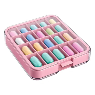 Transparent pill organizer with pastel pink compartments, minimal background sticker