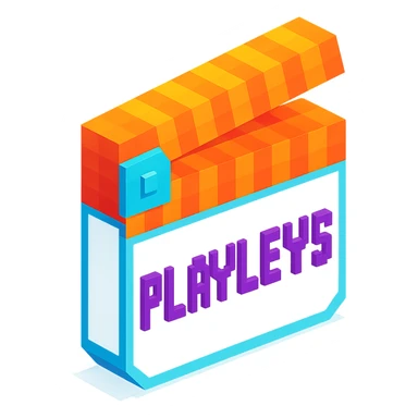 voxel style movie clapperboard with the text 'PLAVLEYS', orange lid, white body, isometric view sticker