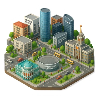 Изометричная миниатюрная фотореалистичная 3D модель Екатеринбурга - Дом Севастьянова, Ельцин-центр, Уральский федеральный университет, дома, Екатеринбург Арена, Штаб-квартира Русской медной компании, Здание Свердловского городского совета народных депутатов, четкие линии, яркие цвета, мультяшный реализм, люди, автотранспорт, компактная композиция, вид сверху в изометрии, прозрачный фон sticker