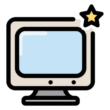 Minimalist CRT monitor with a simple 4-pointed star in the corner, very few details, clean lines sticker