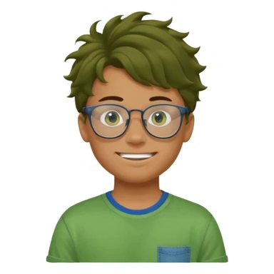 A teenage boy, tanned with glasses, wearing a green t-shirt , blue jeans and green sneakers with brown wavy tousled hair, smirking, wearing a green face mask sticker