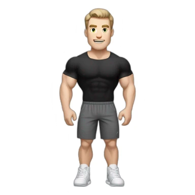 amazed Pale skinned Fit Man With the biceps and dark brown hair in black shirt, gray sports shorts and white Sneakers sticker