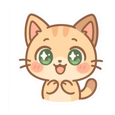 kawaii chibi-style cat emoji with pastel orange and brown cream fur, anime-style happy expression, sparkly green eyes, blushing cheeks, pastel color palette, soft rounded design, vector art sticker