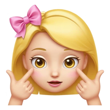 Cute yellow emoji face with big pleading shiny eyes, raised curved eyebrows, small shy smile, and both hands pointing index fingers toward each other. Add two small pink satin bows on top corners of the head. iOS-style, smooth digital look sticker