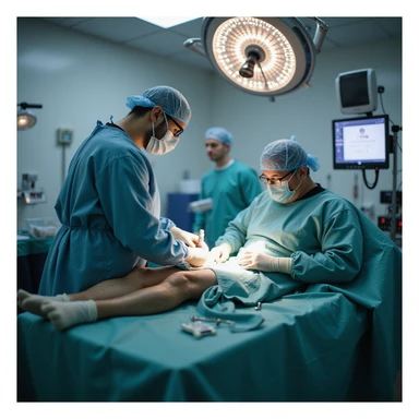 modern operating room: surgeon in gown and gloves performing knee surgery on a man, surgical monitor and instruments visible, sterile atmosphere, realistic details, 4K quality sticker
