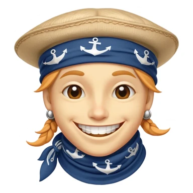 Clash of Clans aesthetic Playful Pirate Portrait Emoji, Head tilted with a roguish, cheeky grin and twinkling eyes, featuring a compact, spirited build with a jaunty hat and a quirky bandana, his natural skin tone evident, Simplified yet irresistibly charming features, highly detailed, glowing with a warm, inviting oceanic glow, high shine, spirited and lively, stylized with an air of whimsical maritime mischief, soft glowing outline, capturing the essence of a playful pirate exuding friendly rogue charm! sticker