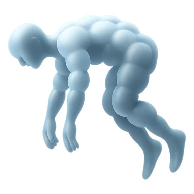 side view of a person unconscious flying upwards by the torso, legs and arms downwards, made of small very bright white fluffy convex clouds, matte glass style sticker