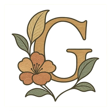 logo featuring the letter G with stylized leaves, elegant Japanese-inspired design sticker
