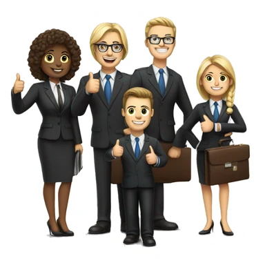 Group of lawyers (male and female) with briefcases and laptops giving thumbs up sticker
