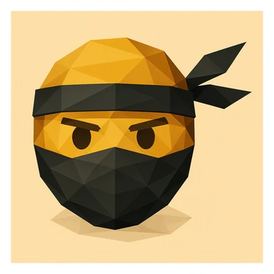 ninja emoji, masked face, headband with long tails, low-poly geometric shapes, modern look, polygonal icon style sticker