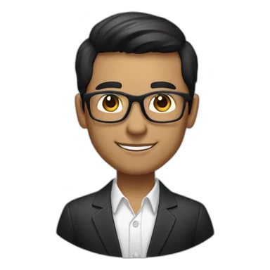 The person in the image has short, dark hair and a clean-shaven face. He has a friendly smile and is wearing a black suit and white shirt with square glasses. sticker