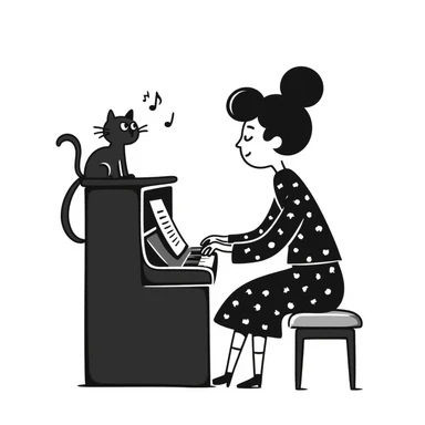 woman playing piano while her cat sits on top of the piano sticker