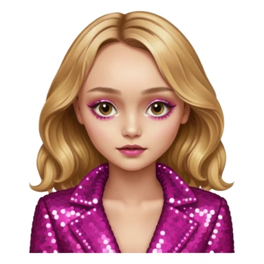 Lily-Rose Depp with long golden blonde hair, dark pink sequin outfit, makeup sticker