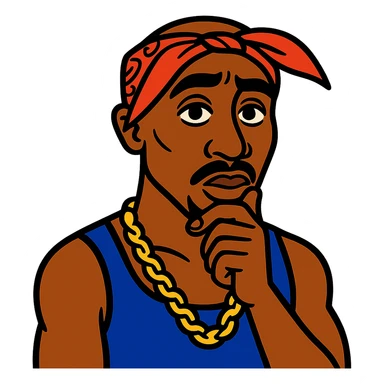 Tupac with one hand on chin, stylized cartoon, bandana, gold chain, thoughtful pose sticker