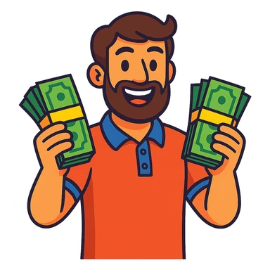 bearded brown-haired man in a polo shirt holding bundles of bills in vibrant toon style sticker