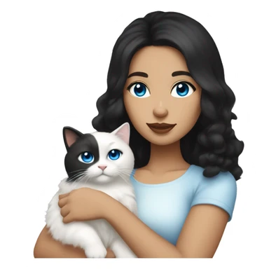 Brunette woman with olive skin and middle parted black hair holding a white fluffy cat with blue eyes  sticker