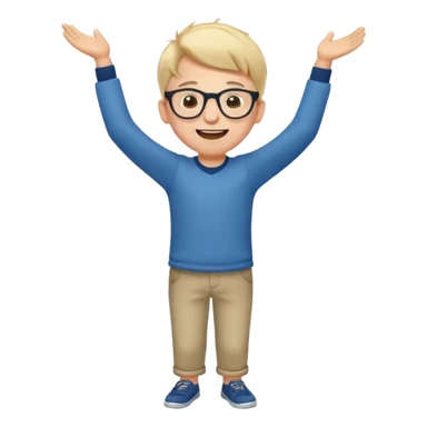 Very excited boy, full body, eyes closed, wearing glasses sticker