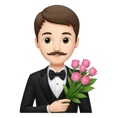 generate an ios genmoji of a 20 year old fair boy with very few mustache hair, carrying a flower bouquet, wearing a tux sticker