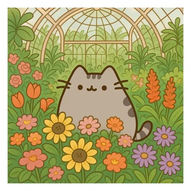 pusheen cat surrounded by flowers in a botanical garden greenhouse sticker