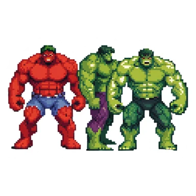 Red Hulk, World Breaker Hulk, and Maestro Hulk forms in retro game style sticker