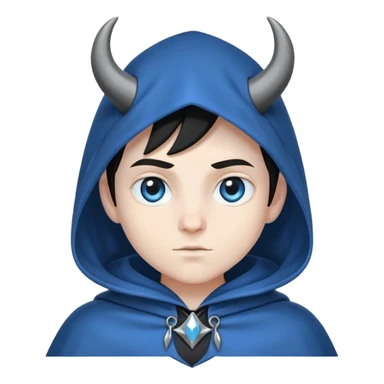 character with blue cloak, black body, white eyes, small horns under the hood sticker