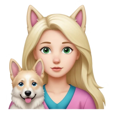 White European young woman with blue-green eyes and long blond hair with her white German Shepherd dog,the Dog hast a pink nose and short fur  ans Brown eyes sticker