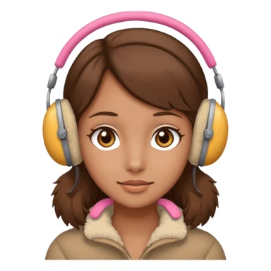A girl wearing beige ear muffs, tan skin, brown hair, brown eyes sticker