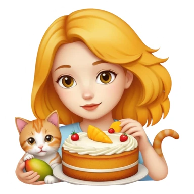 Beautiful girl holding a mango cake and a kitten sticker