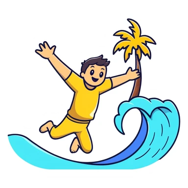 Fun cartoon character jumping happily on beach with waves and palm tree, bright colors sticker