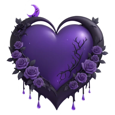 gothic heart, translucent purple glass, crescent moon with black drips, heart-shaped black roses, faint lightning bolts, misty rain, cracked glass with glowing mist sticker