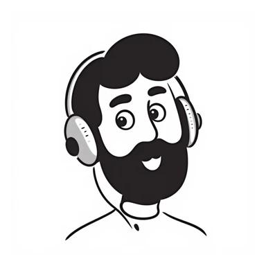 A person with black hair, brown eyes, black beard wearing gaming headphones, saying "Bonjour!" sticker