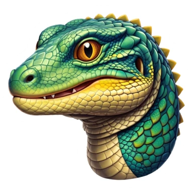 Cinematic Noble Monitor Lizard Portrait Emoji, Poised and regal, with a robust, scaled body exhibiting striking, mottled patterns and piercing, alert eyes, Simplified yet sharp and sophisticated features, highly detailed, glowing with a soft, earthy glow, high shine, intelligent and formidable, stylized with an air of ancient wilderness, focused and commanding, soft glowing outline, capturing the essence of a watchful and confident reptilian guardian that appears ready to stride out of the screen with effortless authority! sticker