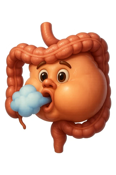 emoji stile iphone di un intestino che ingoia una nuvoletta di aria ben visibile e gli si gonfia la pancia, non fargli il naso, iperrealistico 4k sticker