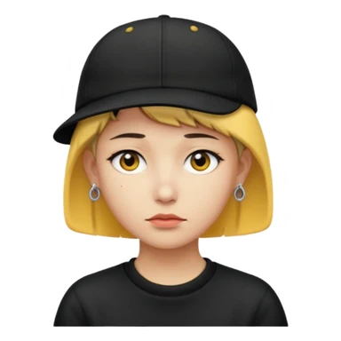 Create me an emoji like that, sad, with earrings, a black cap backwards, yellow skin like an emoji, and short hair down to the nape of my neck. sticker